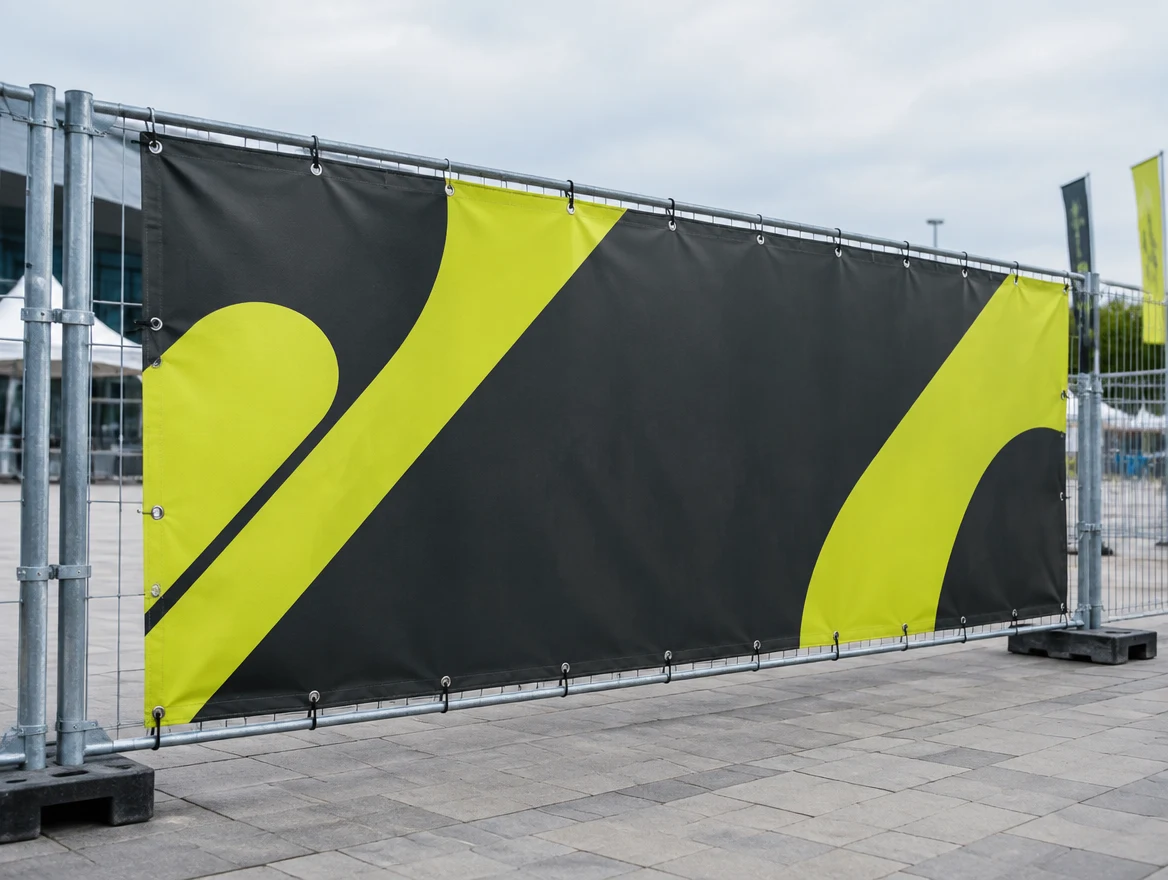Werbebanner mit gesäumten Rändern und Metallösen an einem Zaun