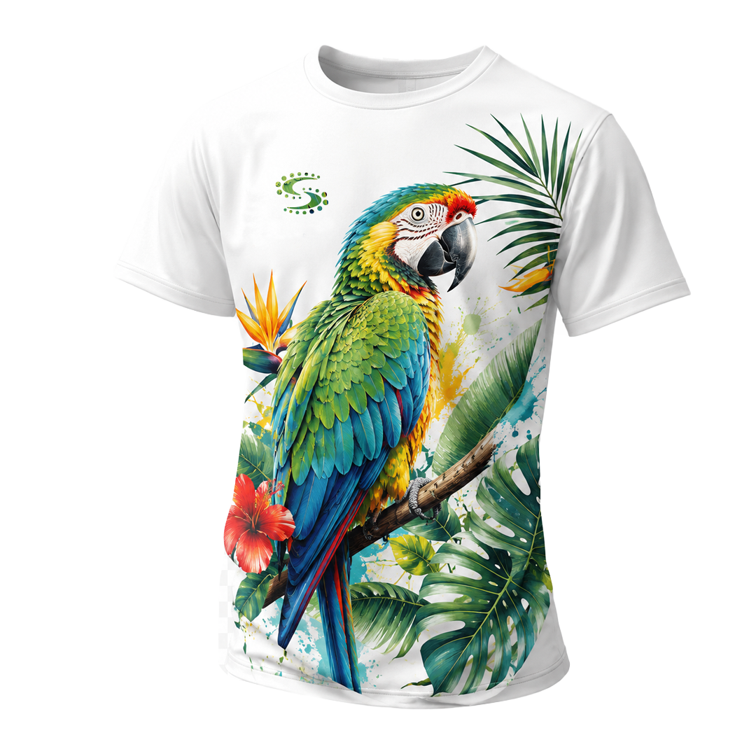Weißes T-Shirt mit farbenfrohem Papageienmotiv